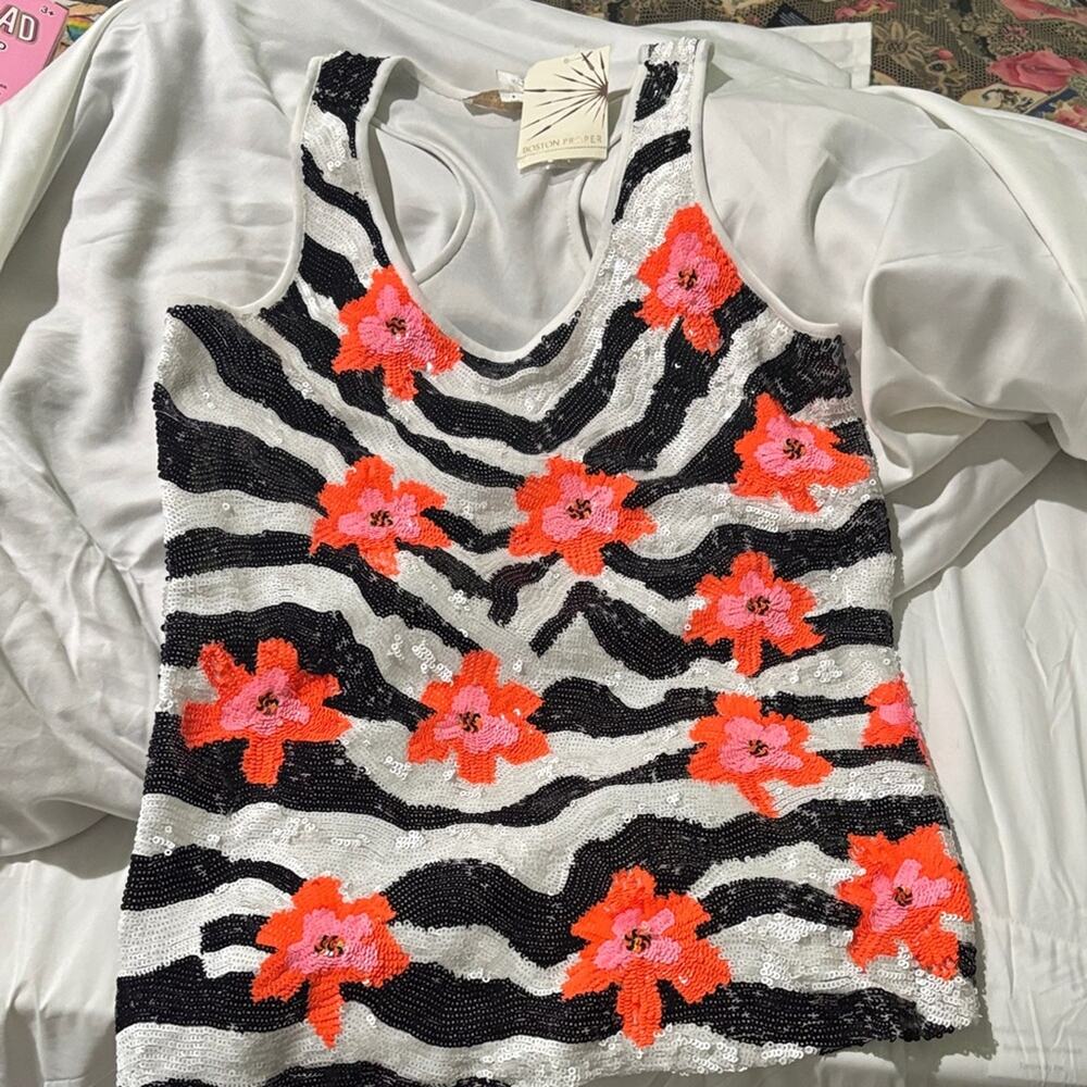 Boston Proper M Zebra Stripe Sequin Tank with Orange Floral pattern nwt